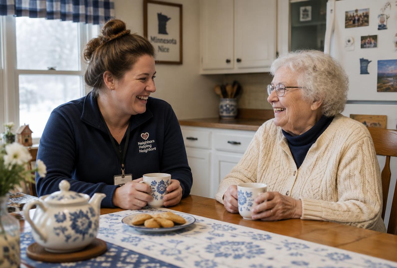 An ANGELS volunteer sharing coffee and conversation with a senior at her kitchen table